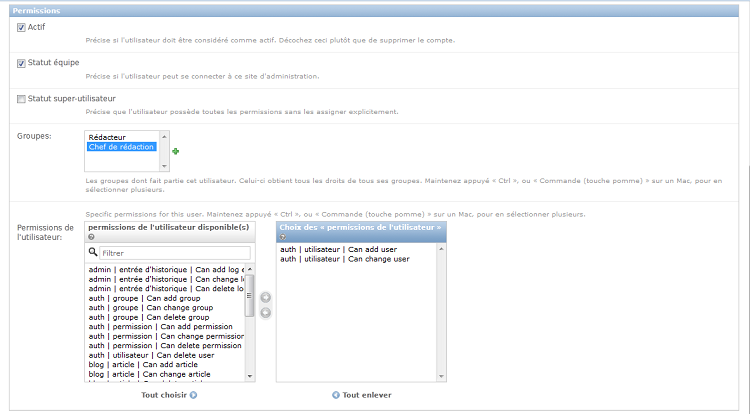 Exemple d'édition des permissions, ici j'ai créé deux groupes avant d'éditer l'utilisateur