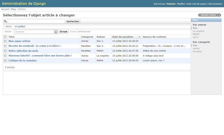 La liste des articles est accessible depuis l'administration
