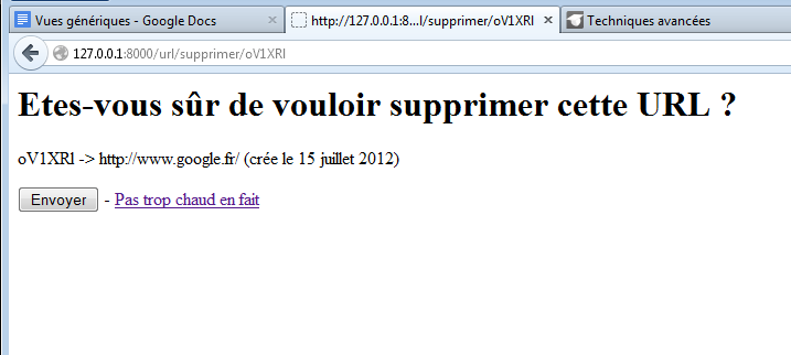 Notre vue, après avoir cliqué sur un des liens « Supprimer » qui apparaissent dans la liste