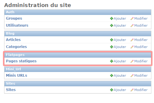 Le module « flatpages » dans l'administration de Django