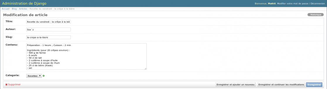 Le formulaire d'édition d'un article par défaut