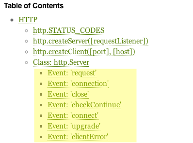 La doc de Node.js indique les évènements que les objets émettent