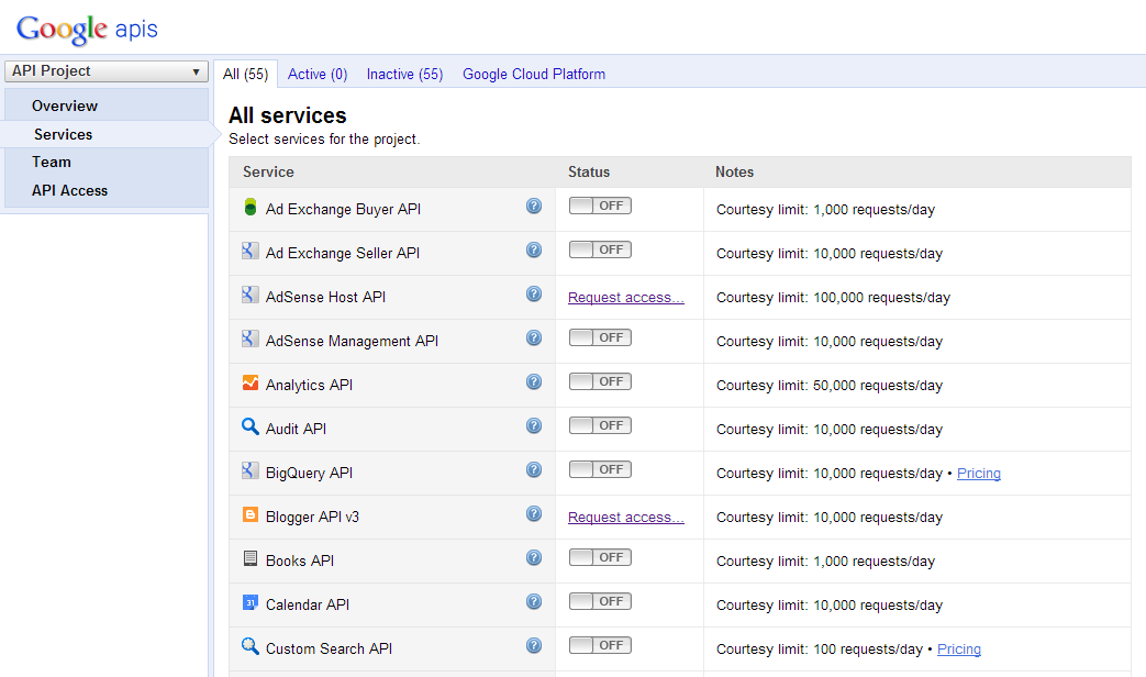 La liste de toutes les APIs utilisables
