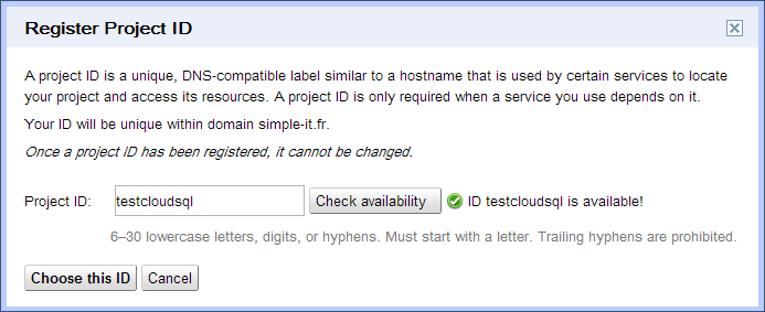 Donnez un nom à votre projet Cloud SQL
