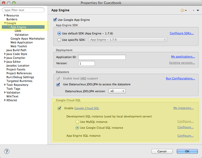 Configuration de Google Cloud SQL dans Eclipse