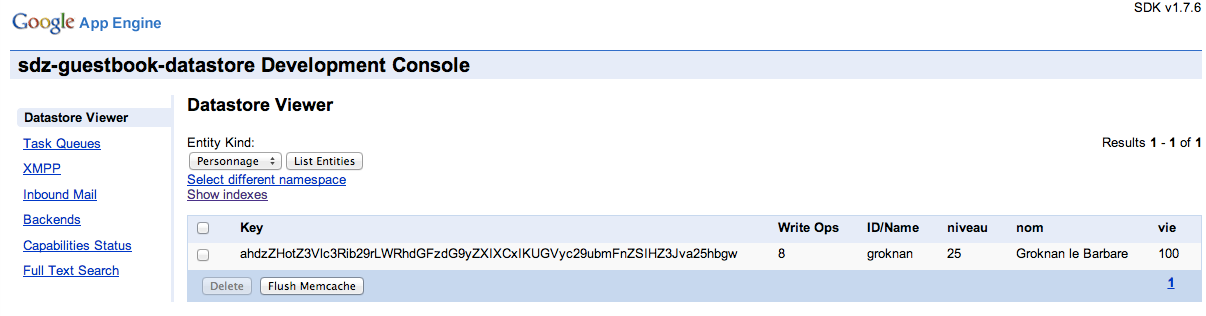 Le Datastore viewer intégré à votre application permet de voir les entités