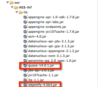 Objectify et Guava sont installés dans le dossier WEB-INF/lib