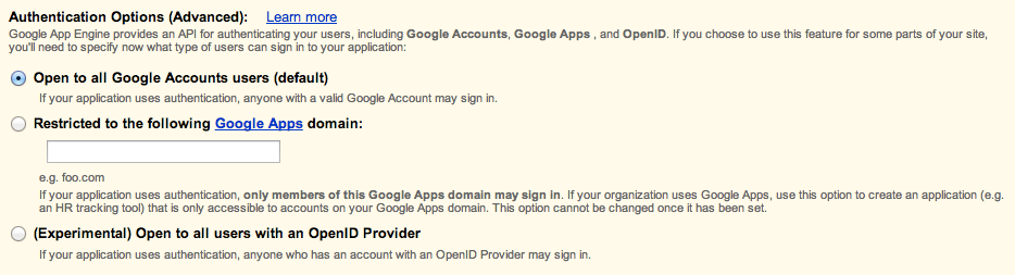 Options d'authentification à la création de l'application