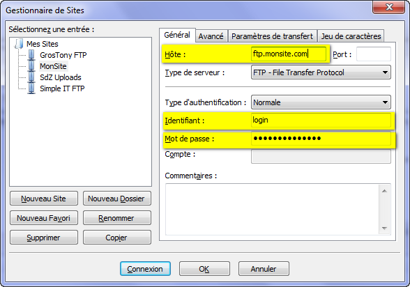 Les trois informations à donner à FileZilla