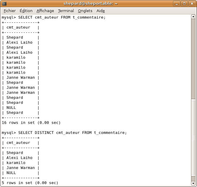 utilisation du mot-clef DISTINCT