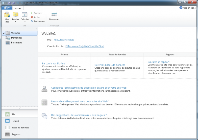 Fenêtre principale WebMatrix