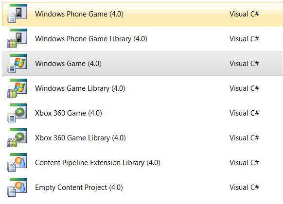 Les types de projet XNA