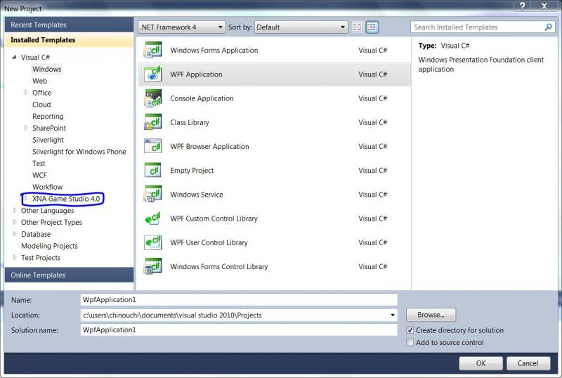 Fenêtre de création de projet