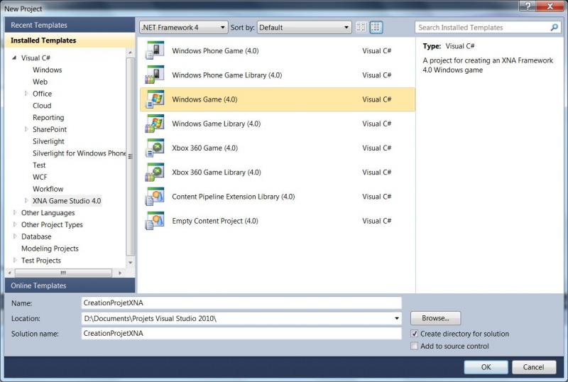 Création d'un projet XNA