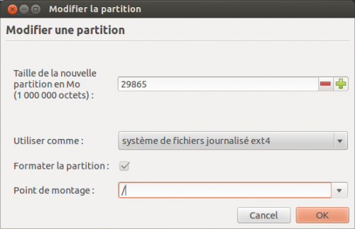 Les paramètres à affecter pour la partition Linux