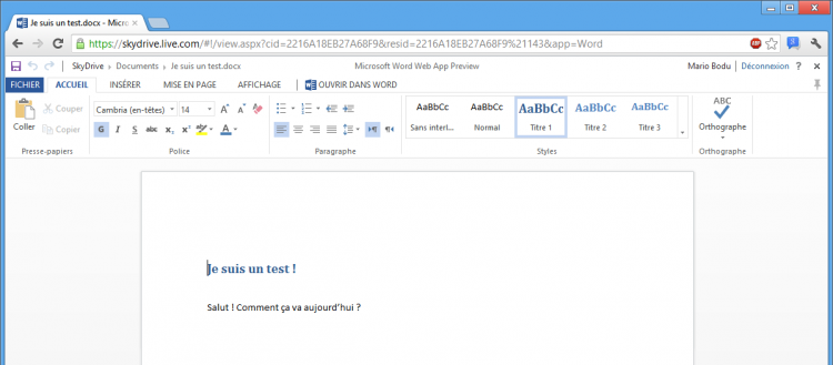 Interface de Word, version Web App